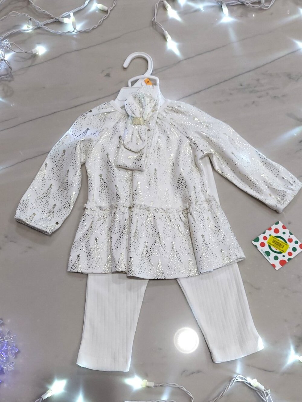 New Little Me Baby Girl Holiday Outfit 12 mos. Ivory w/ Gold Trees 3pc NWT
